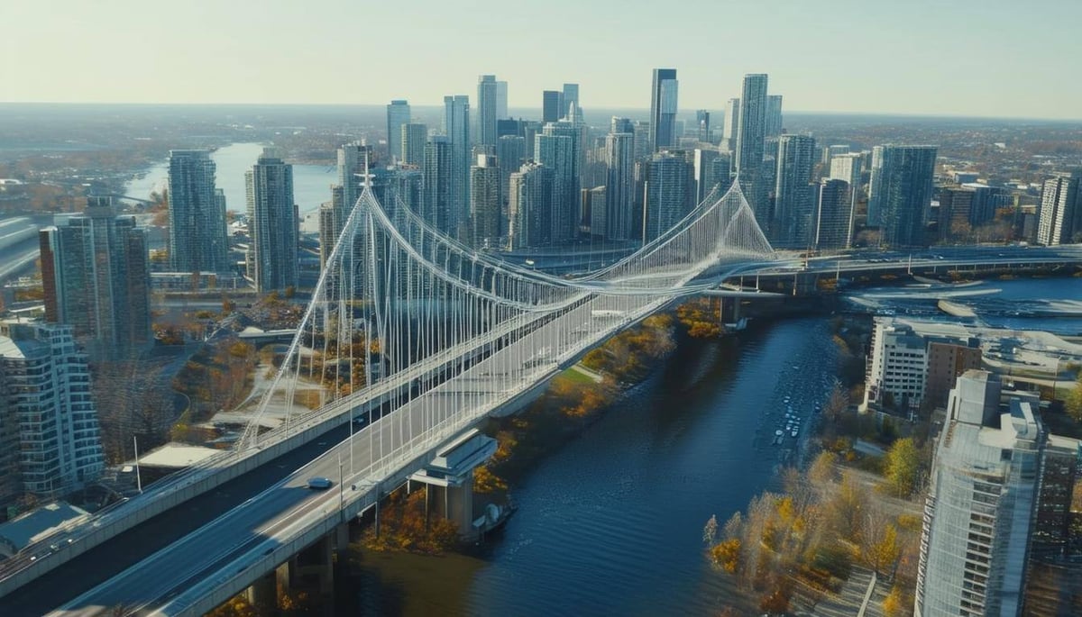 Flyover of a Bridge and Buildings in a large city that is bright and clean, like toronto